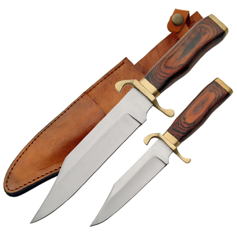 FIXED-BLADE BOWIE KNIFE2 Piece Set Wood Brass Handle w/ Leather Sheath 203264 